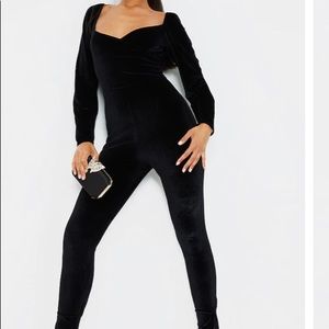 Black Velvet Puff Sleeve Wrap Top Jumpsuit
